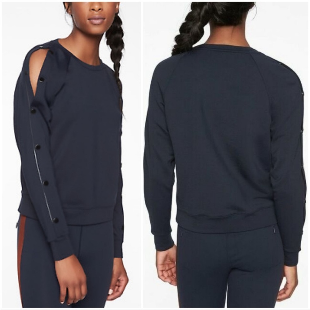 Athleta Navy Button-Accent Cold-Shoulder Sweatshirt
